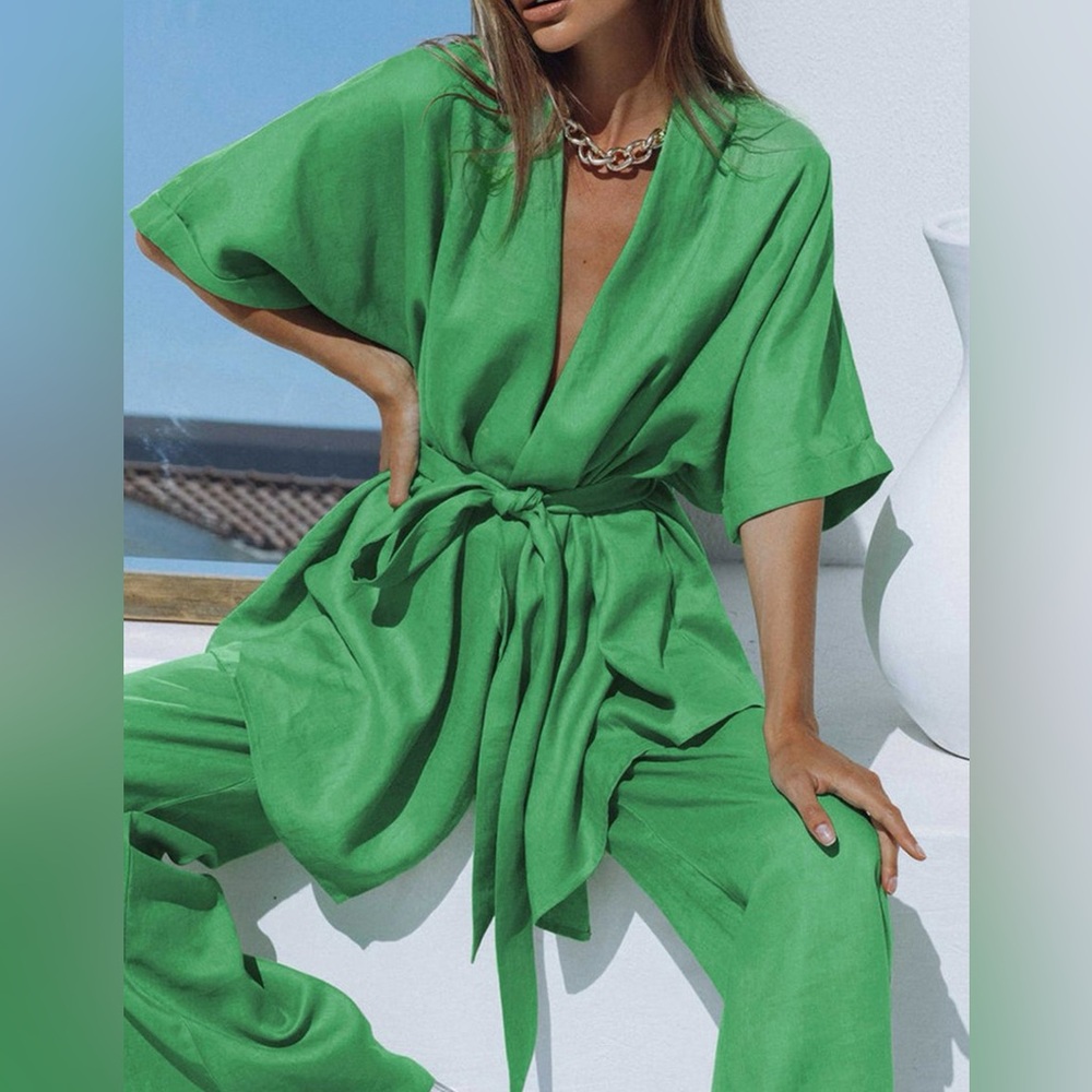 COMMENSE Oversized Linen Tied Two Piece Pants Set Color: Green, size XS NWT - Picture 3 of 10